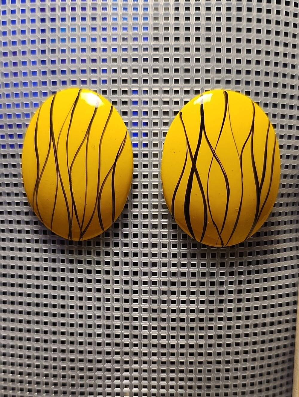 Vintage Bold Yellow Oval Wave-Striped Earrings, 1980s.